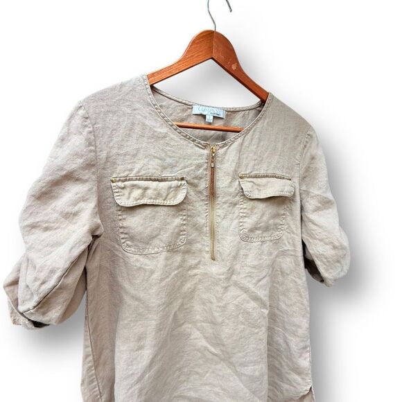 Ellen Tracy 100% Linen Roll Tab Tan Blouse Top Women's size Small - Picture 1 of 10